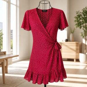 Relipop Women Red Polka Dot Wrap Dress Short Sleeve Ruffle Hem‎ Mini XL
